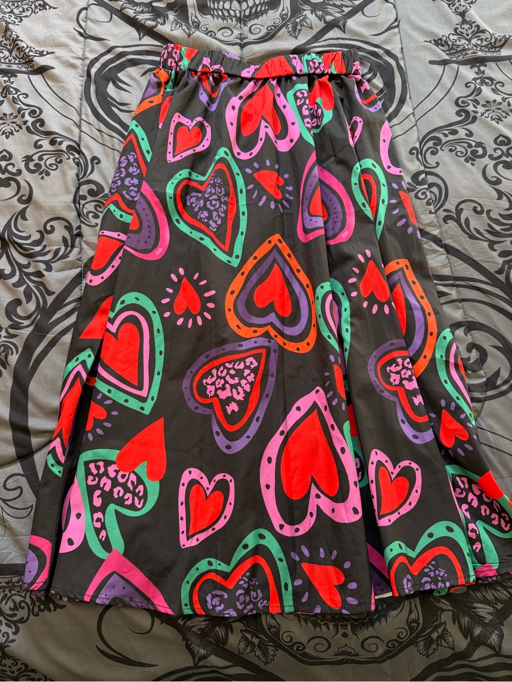 Women’s Maxi Skirt with Bold Heart Print - Black with Red, Pink & Green
